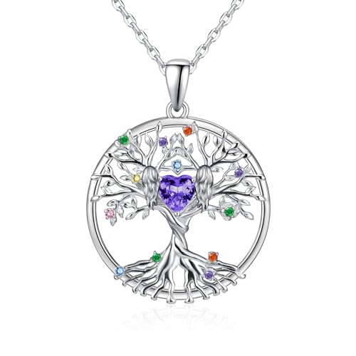 Baum des Lebens kette Sterling Silber Umarmung Lila Geburtsstein Herz Anhänger Schmuck Geburtstagsgeschenke für Damen Mutter Frau Freunde Tochter von Tiehuoxia