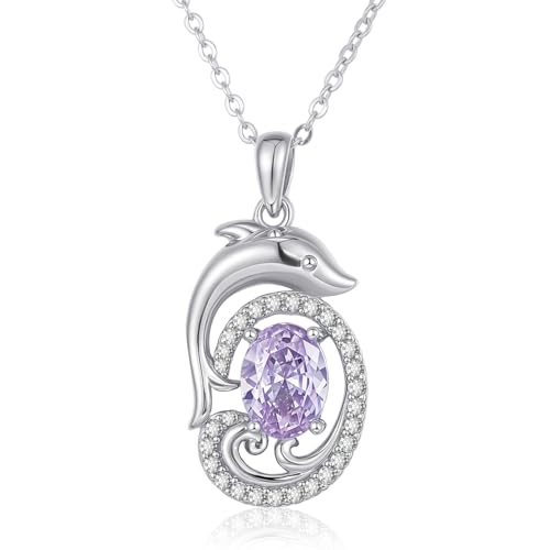 Delfin Kette Sterling Silber Ozean Tier Hell Lila Juni Geburtsstein Anhänger Schmuck Geburtstagsgeschenke für Damen Frau Freunde Tochter Enkelin (Delfin-Halskette-Juni Helllila) von Tiehuoxia