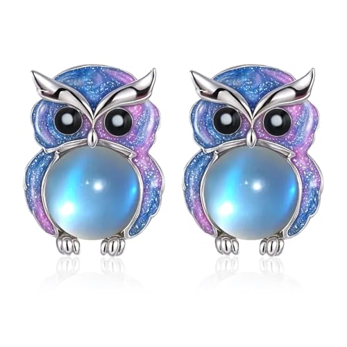 Eule Ohrringe Sterliing Silber Niedlich Mondstein Tier Eulen Ohrstecker Schmuck Geschenke für Damen von Tiehuoxia