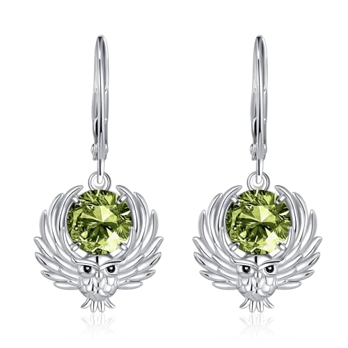 Eule Ohrringe Sterling Silber Eulen Geburtsstein Baumeln Tropfen Schmuck Geschenke für Damen (Eule Ohrringe-August Peridot) von Tiehuoxia