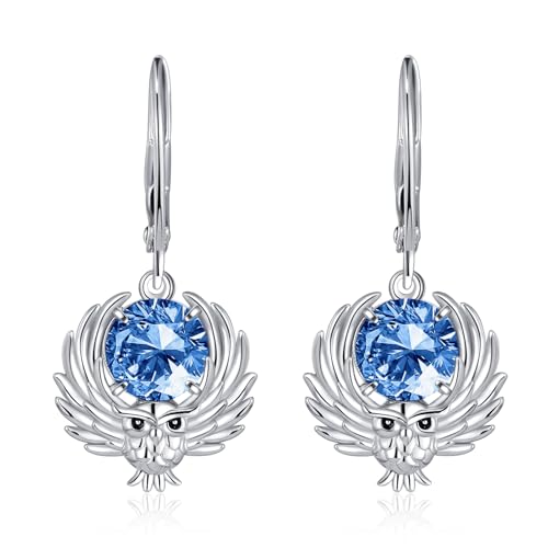 Eule Ohrringe Sterling Silber Eulen Geburtsstein Baumeln Tropfen Schmuck Geschenke für Damen (Owl earrings-September Sapphire) von Tiehuoxia