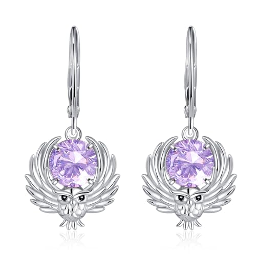 Eule Ohrringe Sterling Silber Eulen Geburtsstein baumeln Tropfen Schmuck Geschenke für Damen (Eule Ohrringe-Juni Helllila) von Tiehuoxia