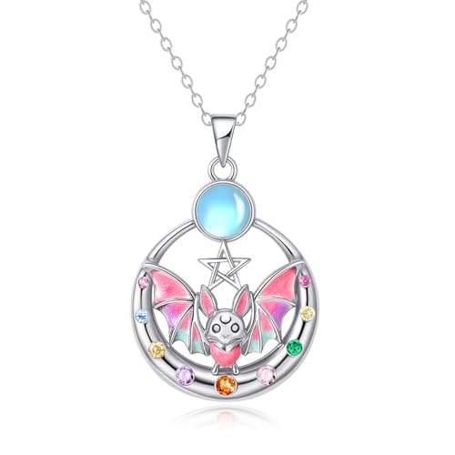 Fledermaus Kette Sterling Silber Rosa Mondstein Tier Anhänger Schmuck Geburtstagsgeschenke für Damen von Tiehuoxia