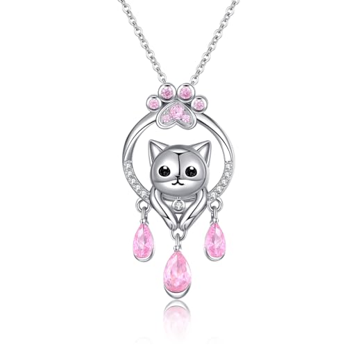 Katze Kette Sterling Silber Niedliches Tier Katzen Teardrop Anhänger Schmuck Geburtstagsgeschenke für Damen (Katze Halskette - rosa stein) von Tiehuoxia