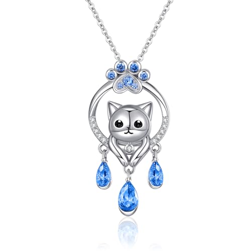Katze Kette Sterling Silber Niedliches Tier Katzen Teardrop Anhänger Schmuck Geburtstagsgeschenke für Damen (Katze kette - blauer Stein) von Tiehuoxia