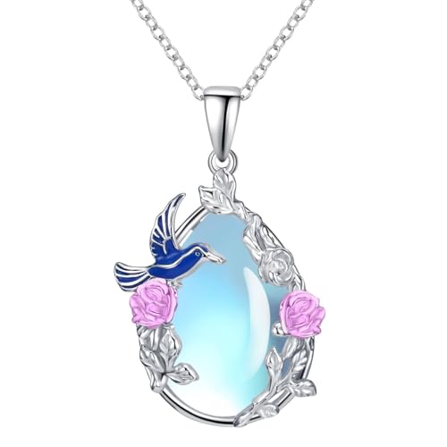 Kolibri Kette Sterling Silber Rose Blume Teardrop Anhänger Blau Tierschmuck Geburtstags Geschenke für Damen von Tiehuoxia