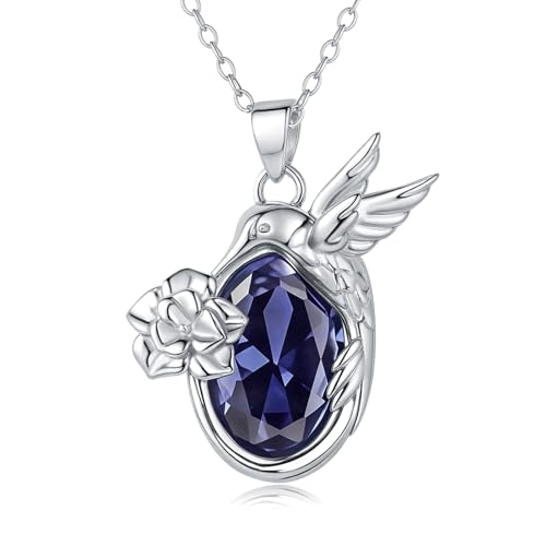 Kolibri Kette Sterling Silber September Blau Saphir Geburtsstein Ketten Tier Vogel Teardrop Anhänger Schmuck Geburtstagsgeschenke für Damen von Tiehuoxia