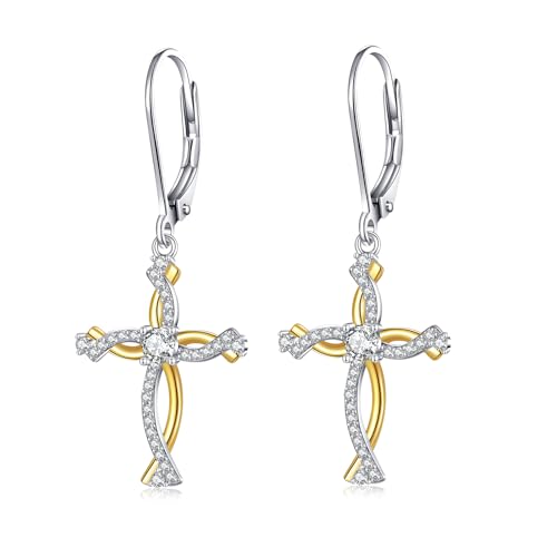 Kreuz Ohrringe für Damen Sterling Silber Religiös Christlich Vergoldet Zirkonia Baumeln Schmuck Taufe Geschenke für Frau Freunde Tochter (Kreuz ohrringe-mit zirkon) von Tiehuoxia