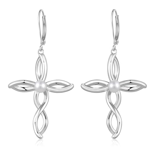 Kreuz Ohrringe für Damen Sterling Silber Religiöse Christliche Perle Baumeln Schmuck Taufe Geschenke für Frau Freunde Tochter (Kreuz ohrringe-perlen ohrringe) von Tiehuoxia