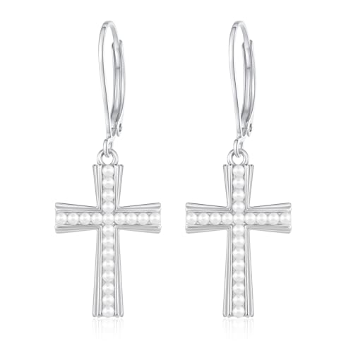 Kreuz Ohrringe für Frauen Sterling Silber Religiöse Christliche Perle Baumeln Schmuck Taufe Geschenke (Kreuz ohrringe-perlen ohrringe) von Tiehuoxia
