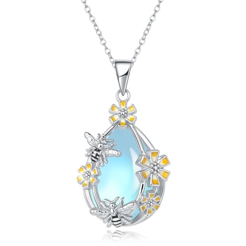Mondstein Bienen kette Sterling Silber Gänseblümchen Blume Teardrop Anhänger Tier Bienen Schmuck Geburtstagsgeschenke für Damen von Tiehuoxia
