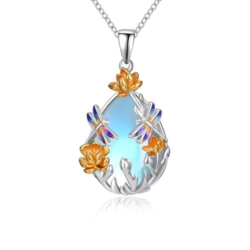 Mondstein Libelle Kette Sterling Silber Lotus Blume Teardrop Anhänger Tier Libellen Schmuck Geburtstagsgeschenke für Damen Mondstein Libelle Kette Sterling Silber Lotus Blume Teardrop Anhänger Tier Libellen Schmuck Geburtstagsgeschenke für Damen von Tiehuoxia