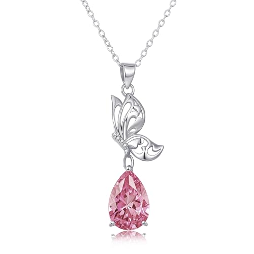 Schmetterling Kette Sterling Silber Rosa Oktober Geburtsstein Anhänger Tier Teardrop Schmuck Hochzeit Jahrestag Geburtstag Geschenke für Damen (Butterfly Necklace-October Pink) von Tiehuoxia