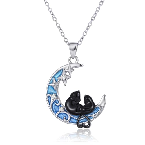 Schwarze Katze Kette Sterling Silber Halbmond Anhänger Tier Katzen Paare Freundschaft Schmuck Geburtstagsgeschenke für Damen (Tier Halskette-Katze Halskette) von Tiehuoxia