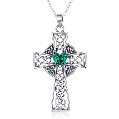Tiehuoxia Kreuz Kette für Damen 925 Sterling Silber Mai Smaragd Geburtsstein Anhänger Religiös Christlich Keltischer Knoten Schmuck Taufe Geburtstagsgeschenke von Tiehuoxia