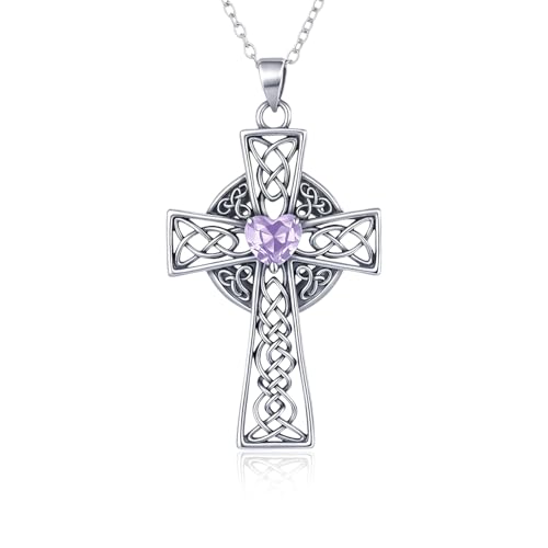 Tiehuoxia Kreuz Kette für Damen Sterling Silber Lila Juni Geburtsstein Anhänger Religiös Christ keltisch Knoten Schmuck Taufe Geburtstags Geschenke (Kreuz kette - lila geburtsstein) von Tiehuoxia