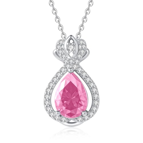 Tiehuoxia Krone Kette Sterling Silber Rosa Oktober Geburtsstein Anhänger Royal Prinzessin Teardrop Schmuck Geburtstags Geschenke für Damen von Tiehuoxia