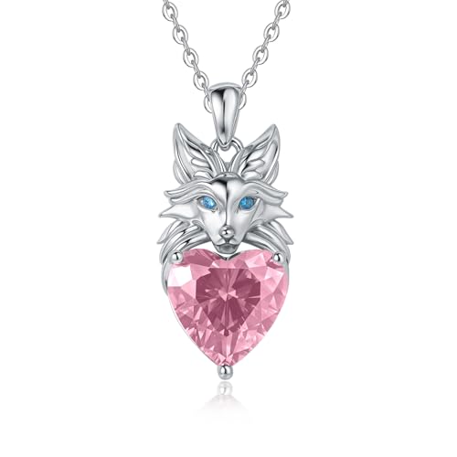 Wolf Kette Sterling Silber Tier Oktober Rosa Turmalin Herz Geburtsstein Anhänger Schmuck Geburtstags Geschenke für Damen Mutter Frau Freunde Tochter (Wolf Kette-Oktober Rosa) von Tiehuoxia