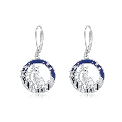 Wolf Ohrringe aus Sterlingsilber Tieranhänger Schmuck mit Bergen und Bäumen Geburtstags Geschenke für Damen (Tier ohrringe-wolf ohrringe) von Tiehuoxia