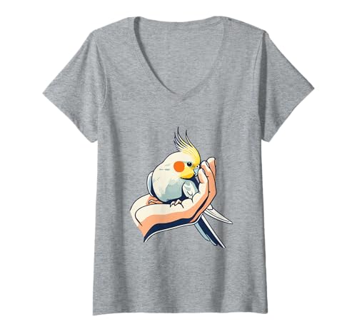 Damen Nymphensittich in der Hand – friedliche Haustier-Illustration T-Shirt mit V-Ausschnitt von Tiel Birds