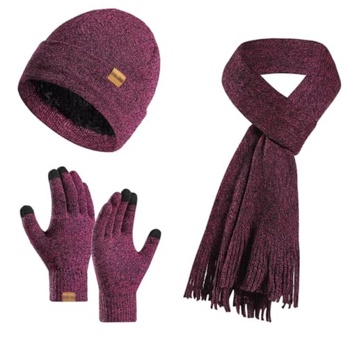 Damen Winter Warm Beanie Mütze Schal Handschuhe Set, Thermo Wintermütze Strickmütze, Touchscreen Handschuhe, Fleece Gefütterte, Winterschal mit Fransen, Lila von Tielag