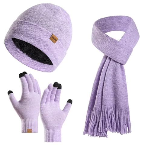 Damen Winter Warm Beanie Mütze Schal Handschuhe Set, Thermo Wintermütze Strickmütze, Touchscreen Handschuhe, Fleece Gefütterte, Winterschal mit Fransen, Taro lila von Tielag