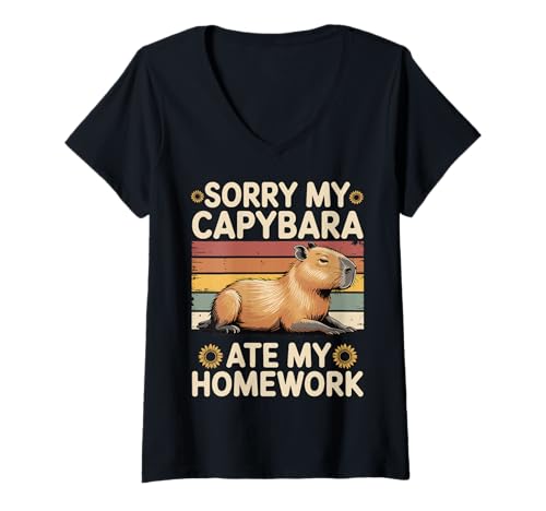 Damen Sorry My Capybara Ate My Homework T-Shirt mit V-Ausschnitt Damen Sorry My Capybara Ate My Homework T-Shirt mit V-Ausschnitt von Tier Capibara Student Schule Wasserschwein