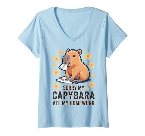 Damen Sorry My Capybara Ate My Homework T-Shirt mit V-Ausschnitt Damen Sorry My Capybara Ate My Homework T-Shirt mit V-Ausschnitt von Tier Capibara Student Schule Wasserschwein