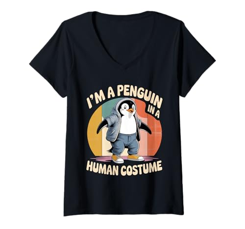 Damen I'm A Penguin In A Human Costume Kid Cosplay süß - T-Shirt mit V-Ausschnitt Damen I'm A Penguin In A Human Costume Kid Cosplay süß - T-Shirt mit V-Ausschnitt von Tier Cosplay Humor Kid Events