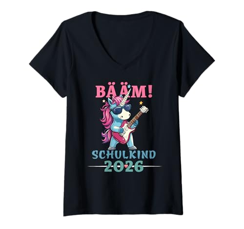 Damen Einhorn mit Gitarre und Sonnenbrille - Bääm! Schulkind 2026 T-Shirt mit V-Ausschnitt von Tier Designs zur Einschulung - Mädchen und Jungen