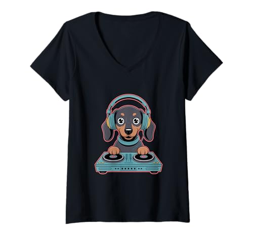 Damen Dj Hund Tier Kopfhörer Plattenspieler T-Shirt mit V-Ausschnitt Damen Dj Hund Tier Kopfhörer Plattenspieler T-Shirt mit V-Ausschnitt von Tier Dj Hunde Musik Tierliebhaber