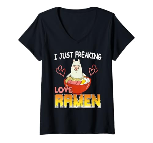 Damen Lustiger Lama Humor Ich Liebe Heiße Ramen Nudeln T-Shirt mit V-Ausschnitt Damen Lustiger Lama Humor Ich Liebe Heiße Ramen Nudeln T-Shirt mit V-Ausschnitt von Tier- und Nudelfans