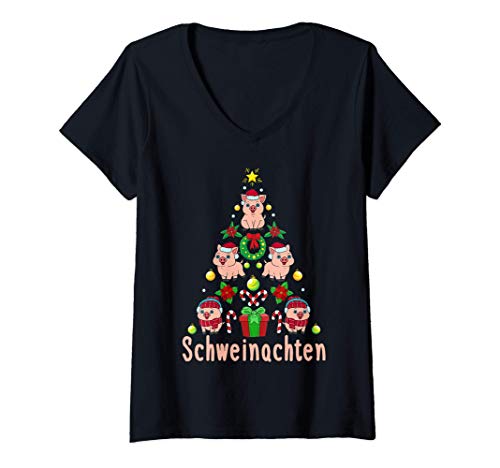 Damen Schweinachten Weihnachten Landwirt Schwein Geschenk T-Shirt mit V-Ausschnitt von Tiere Weihnachtsbaum Geschenke