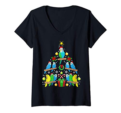 Damen Wellensittich Weihnachtsbaum Vogel Weihnachten Geschenk T-Shirt mit V-Ausschnitt von Tiere Weihnachtsbaum Geschenke