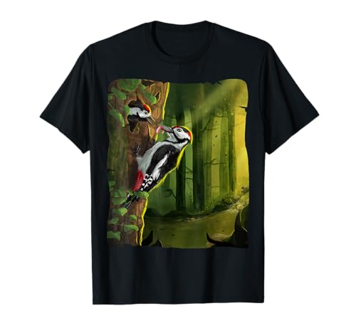 Tiere aus Bayern Buntspecht füttert Nachwuchs, Specht Vogel Illustration Herren Unisex Klassisch geschnitten Schwarz S T-Shirt Tiere aus Bayern Buntspecht füttert Nachwuchs, Specht Vogel Illustration Herren Unisex Klassisch geschnitten Schwarz S T-Shirt von Tiere aus Bayern
