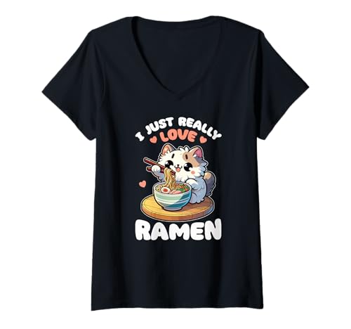 Damen Katze mit Nudeln Ramen Kawaii Katze T-Shirt mit V-Ausschnitt Damen Katze mit Nudeln Ramen Kawaii Katze T-Shirt mit V-Ausschnitt von Tiere essen Ramen kawaii Anime Tiere