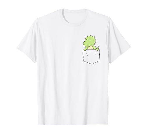 Tiere in Taschen & Dinosaurier Designs - Unisex Erwachsene & Kinder - Weiß - S - Kurzarm - Retro - Cartoon - Dinosaurier in der Brusttasche Kawaii Niedlicher Dinosaurier T-Shirt von Tiere in Taschen & Dinosaurier Designs
