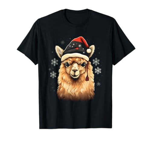 Tiere mit X-mas Hüten Weihnachtshemd MD Alpaka mit Weihnachtsmütze T-Shirt Schwarz Unisex-Kinder Unisex-Erwachsene Kurzarm U-Ausschnitt Small Regulär Winter 1 Count von Tiere mit X-mas Hüten Weihnachtshemd MD