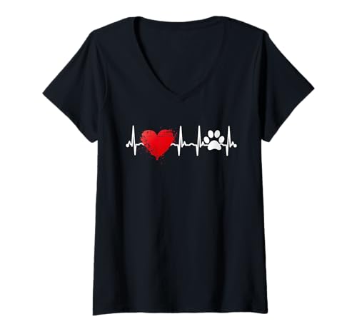 Damen Herzschlag Pfote Tierliebe Emotionale Verbindung T-Shirt mit V-Ausschnitt Damen Herzschlag Pfote Tierliebe Emotionale Verbindung T-Shirt mit V-Ausschnitt von Tierfreunde Haustierliebe Fans Statement