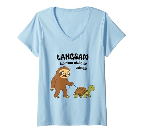 Damen Witziges Tiermotiv mit lustigem Faultier und Schildkröte T-Shirt mit V-Ausschnitt von Tierisch humorvolles Faultiermotiv mit Schildkröte