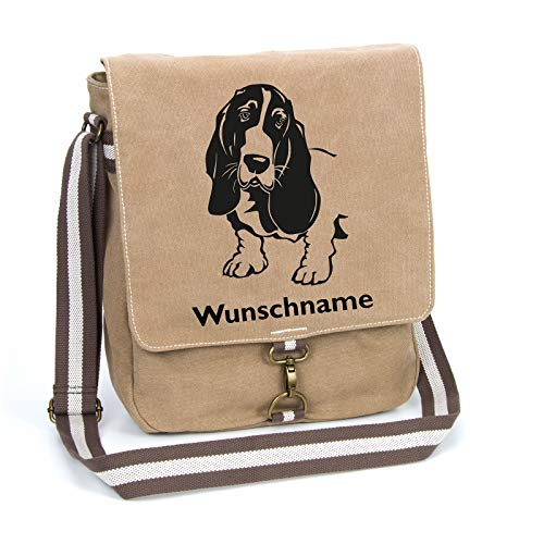 Basset Hound Canvas Schultertasche Umhängetasche Tasche mit Hundemotiv und Namen personalisiert (Motiv 1) von Tierisch-tolle Geschenke