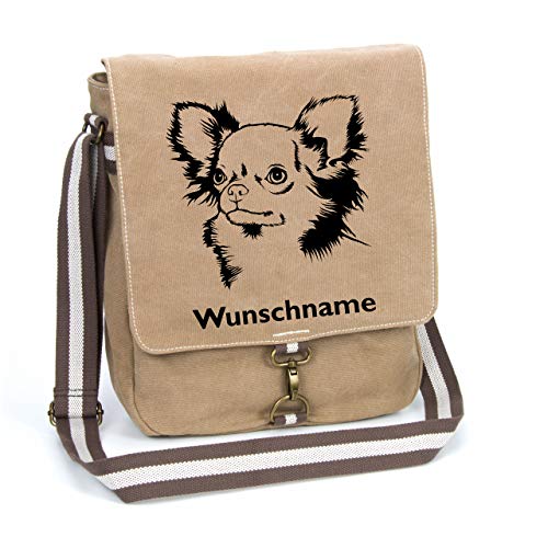 Chihuahua Langhaar Canvas Schultertasche Umhängetasche Tasche mit Hundemotiv und Namen personalisiert von Tierisch-tolle Geschenke