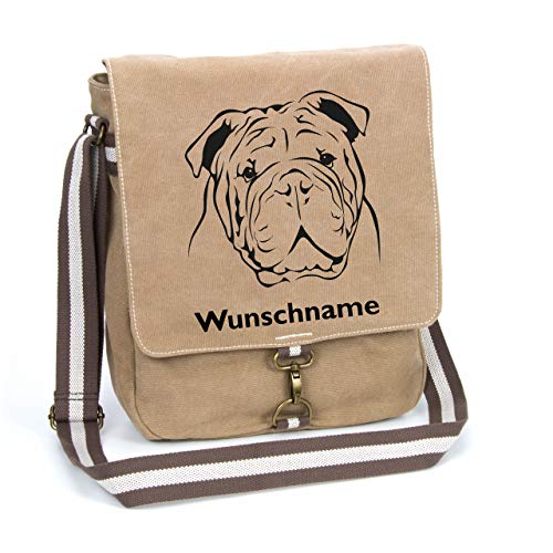Englische Bulldogge Canvas Schultertasche Umhängetasche Tasche mit Hundemotiv und Namen personalisiert von Tierisch-tolle Geschenke