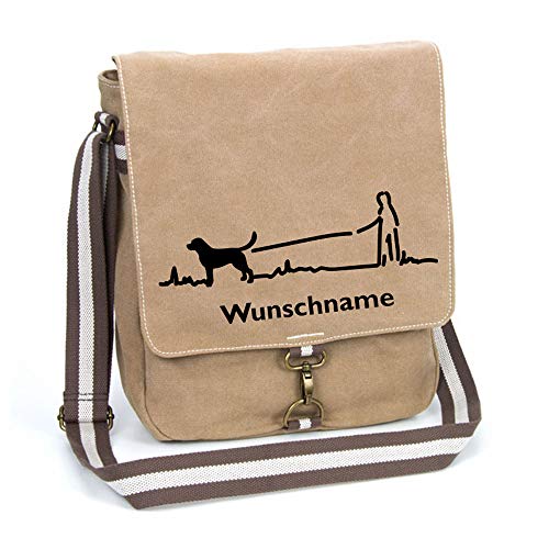 Tierisch-tolle Geschenke Canvas Schultertasche – Motiv Gassigeher - inklusive Wunschname Umhängetasche mit Schultergurt für Hundeliebhabe von Tierisch-tolle Geschenke