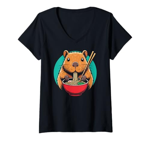 Damen Capybara Genießt Nudeln Niedlich Kawaii Capybara Ramen T-Shirt mit V-Ausschnitt von Tierische Nudeln Slurp Ramen Capybara