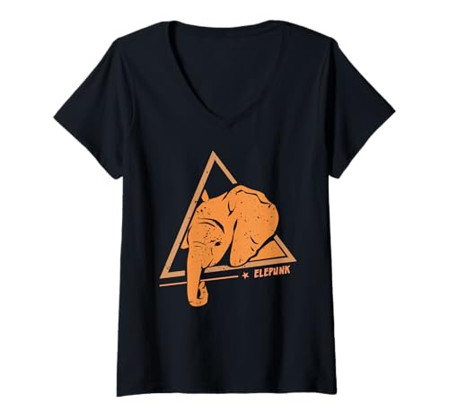 Damen Elepunk Punk Elefant Retro Humor Verzerrte Grafik T-Shirt mit V-Ausschnitt Damen Elepunk Punk Elefant Retro Humor Verzerrte Grafik T-Shirt mit V-Ausschnitt von Tierischer Wortwitz Und Vintage Grafischer Stil