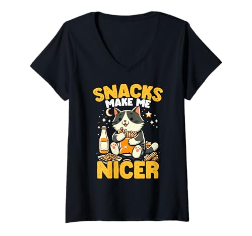 Damen Snacks Machen Mich Netter Katze Snack Lliebhaber Humor T-Shirt mit V-Ausschnitt Damen Snacks Machen Mich Netter Katze Snack Lliebhaber Humor T-Shirt mit V-Ausschnitt von Tierliebhaber Snacks Lustiger Humor Sarkastische