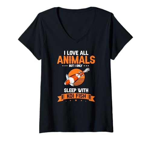 Damen Ich schlafe nur mit Koi Fisch Humor T-Shirt mit V-Ausschnitt von Tierliebhaber mit Teich und Witz