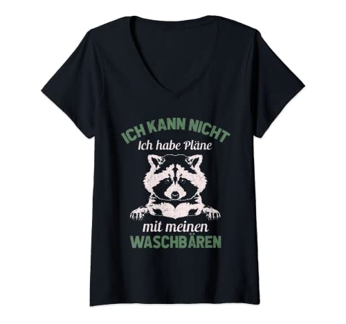 Damen Lustiges Ich kann nicht ich habe Pläne mit meinen Waschbären T-Shirt mit V-Ausschnitt von Tiermotiv Waschbär Geschenkidee