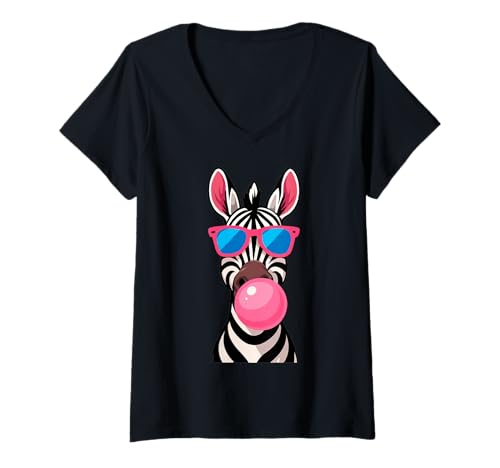 Damen Zebra Kaugummi Pop Art Comic T-Shirt mit V-Ausschnitt Damen Zebra Kaugummi Pop Art Comic T-Shirt mit V-Ausschnitt von Tiermotive Popart Zebra Geschenkideen